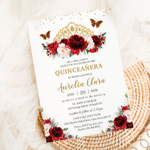 Quinceañera Red och Blommigt Butterflies Tiara Inbjudningar
