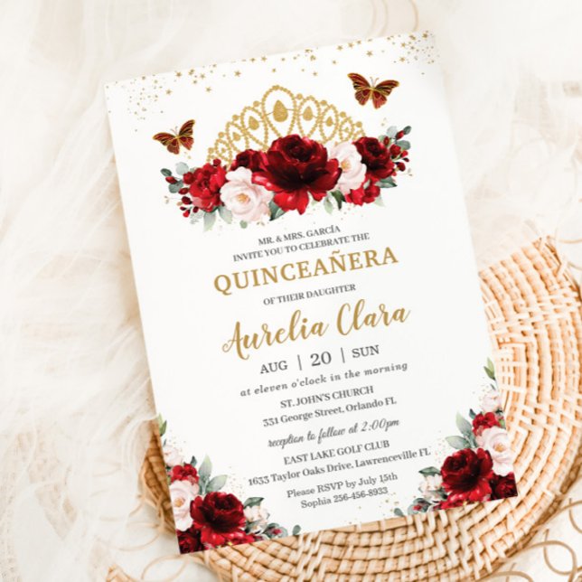Quinceañera Red och  Blommigt Butterflies Tiara Inbjudningar (Skapare uppladdad)