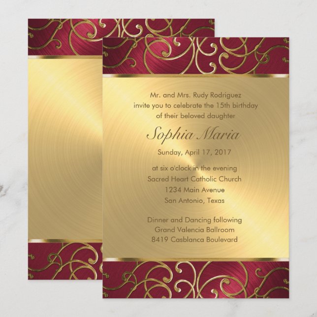 Quinceanera Red och Guld Filigree Swirls Inbjudningar (Fram/baksida)
