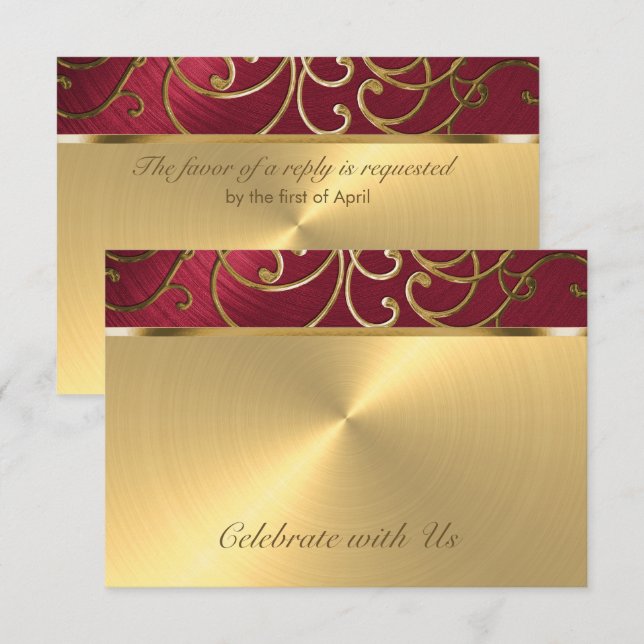 Quinceanera Red och Guld Filigree Swirls Inbjudningar (Fram/baksida)