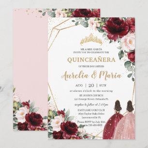 Quinceañera Red Rosa ros Guld Blommigt Twillingar Inbjudningar