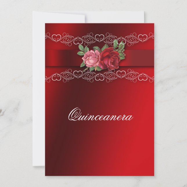 Quinceanera Red Rosa ros Red Satin Inbjudningar (Framsida)