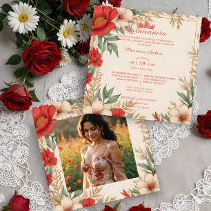 Quinceañera Red Shades Sweet Blommigt Spain Photo Inbjudningar