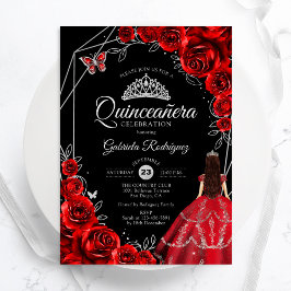 Quinceanera Red Silver Butterfly Dress Floral Inbjudningar