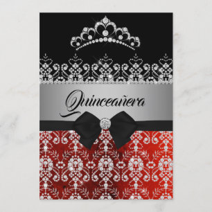 Quinceanera Red Silver Gnistra Diamond Tiara Bow Inbjudningar
