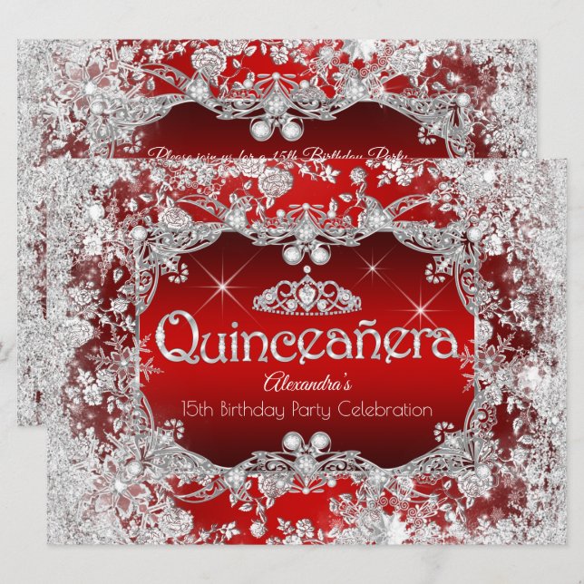 Quinceanera Red Silver Tiara Winter Wonderland Inbjudningar (Fram/baksida)