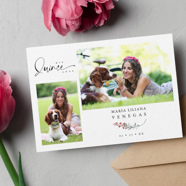 Quinceañera Red Trendig Grenar Español 2 Foton Inbjudningar (Skapare uppladdad)