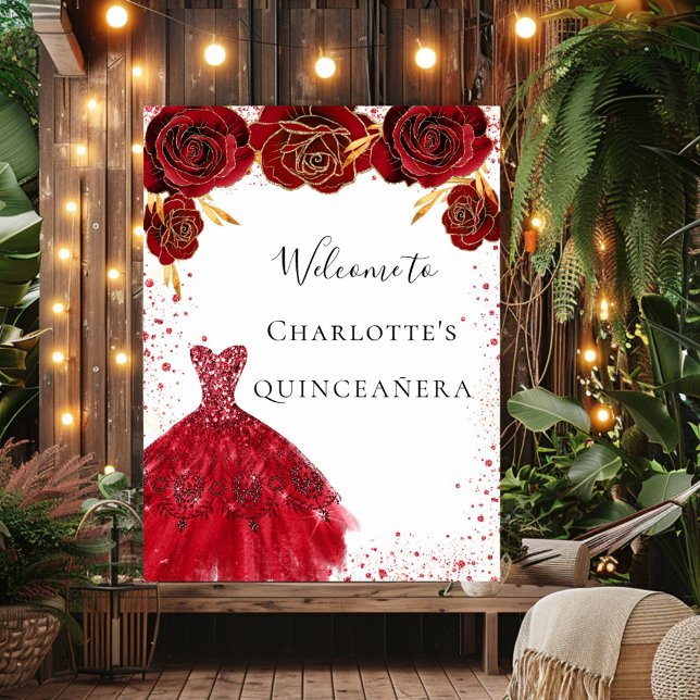Quinceanera Red white glitter dress blommigt Welco Poster (Skapare uppladdad)