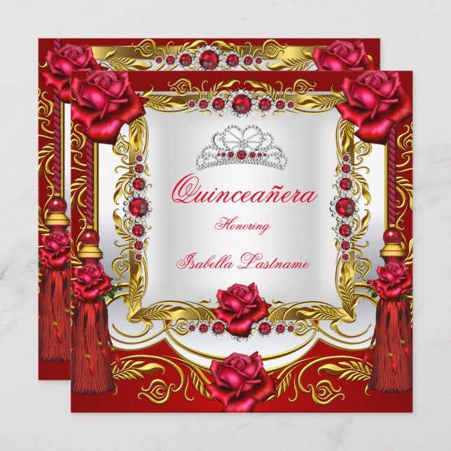 Quinceanera Regal Red Guld Ro Tassels Tiara Inbjudningar (Fram/baksida)