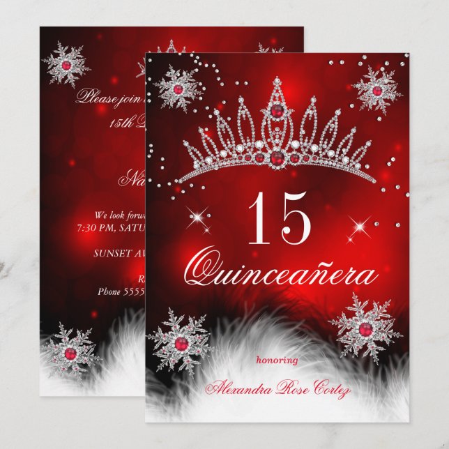 Quinceanera Regal Red Snowflake 15:e födelsedagen Inbjudningar (Fram/baksida)