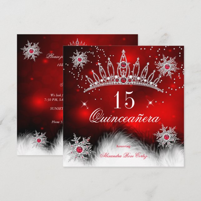Quinceanera Regal Red Snowflake 15:e födelsedagen Inbjudningar (Fram/baksida)