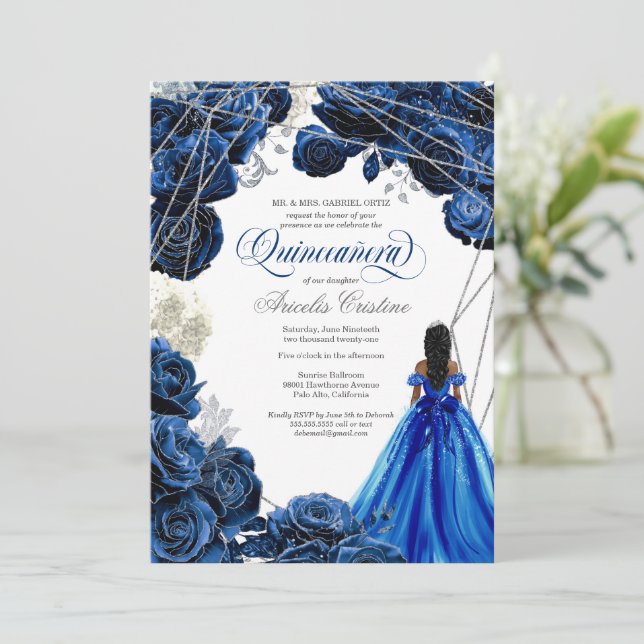 Quinceañera Regal Royal Blue & Silver med Gown Inbjudningar (Stående Fram)