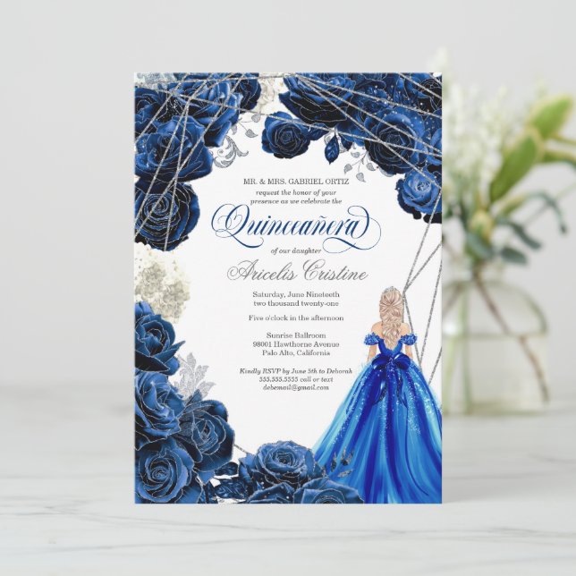 Quinceañera Regal Royal Blue & Silver w Gown Invit Inbjudningar (Stående Fram)