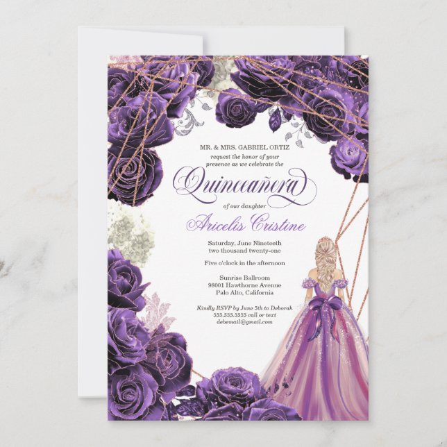 Quinceañera Regal Royal Lila & Ro Guld & Gown Inbjudningar (Framsida)