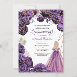 Quinceañera Regal Royal Lila & Ro Guld & Gown Inbjudningar