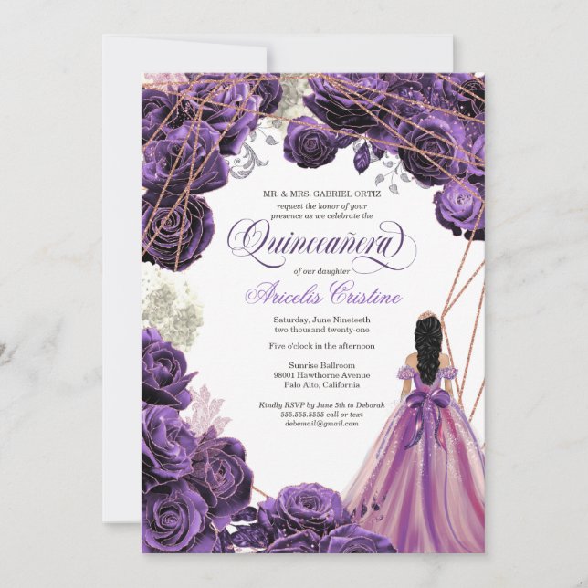 Quinceañera Regal Royal Lila & Ro Guld & Gown  Inbjudningar (Framsida)