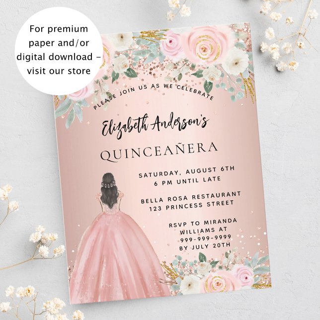Quinceanera ro-blommor klär in budgetinbjudan flygblad (Skapare uppladdad)