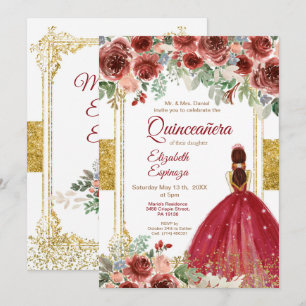Quinceañera Ro Burgundy Guld Inbjudningar
