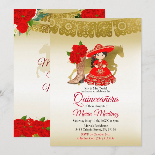 Quinceañera Ro Burgundy Guld, mexikansk födelsedag Inbjudningar (Fram/baksida)