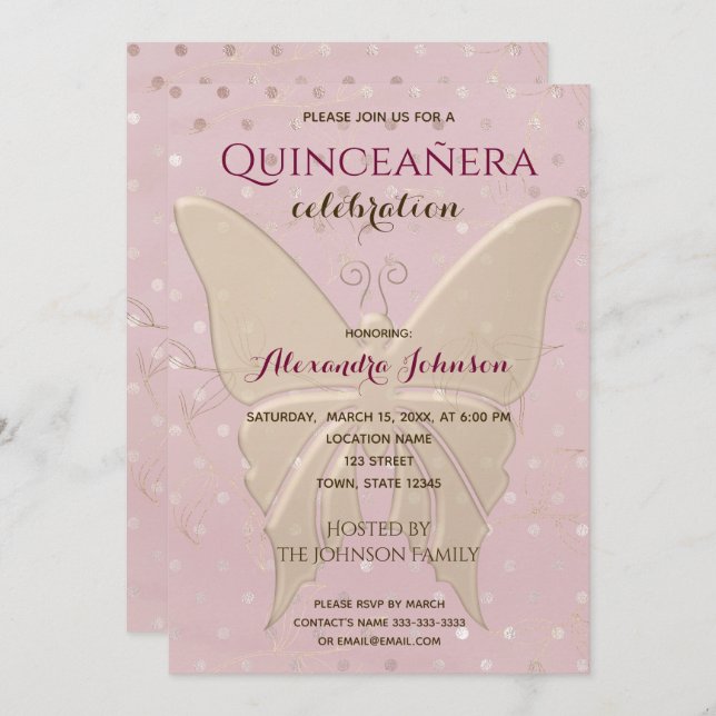 Quinceanera Ro Guld 15:e födelsedagen Inbjudningar (Fram/baksida)