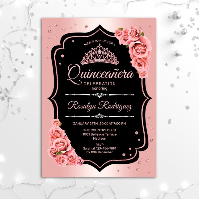 Quinceanera - Ro Guld Black Inbjudningar (Skapare uppladdad)