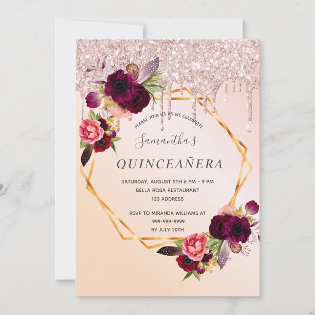Quinceanera ro guld droppar blommigt burgundi inbjudningar (Framsida)