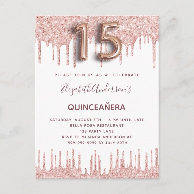 Quinceanera ro guld droppar rosa inbjudan vykort (Framsida)