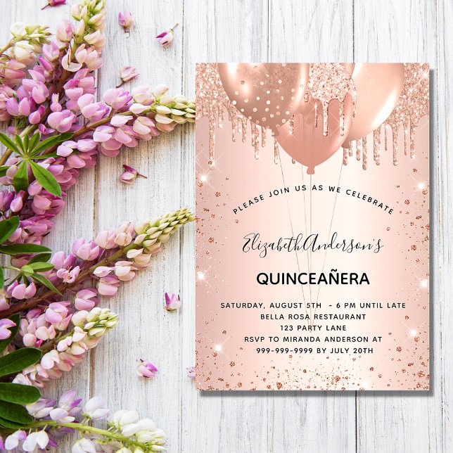 Quinceanera ro guld glitter-ballonger lyxur inbjudningar (Skapare uppladdad)