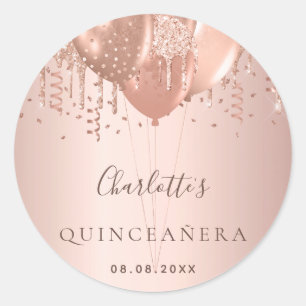 Quinceanera ro guld glitter-ballonger monogram runt klistermärke