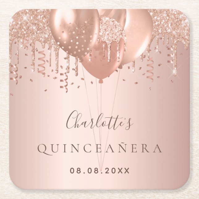 Quinceanera ro guld glitter-ballonger monogram underlägg papper kvadrat (Framsidan)