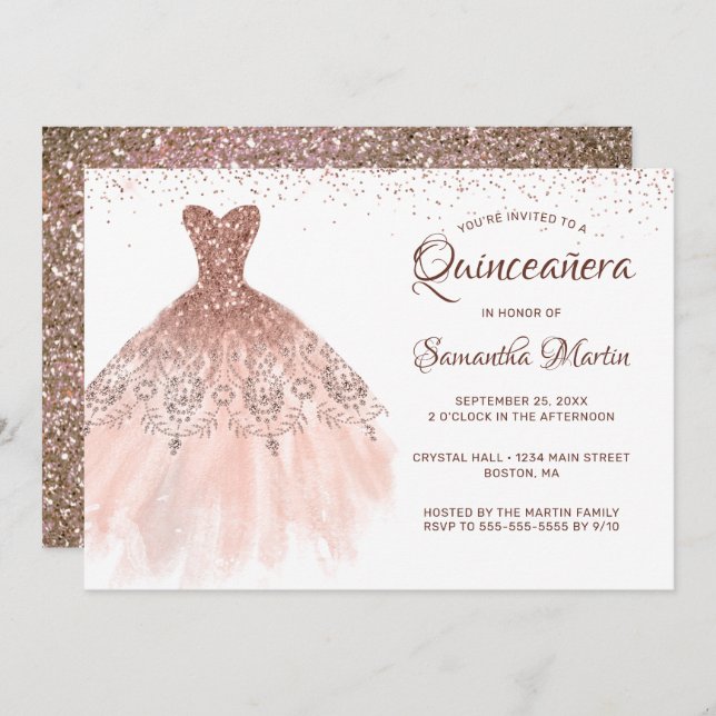 Quinceanera Ro Guld Glitter Dress Glam Party Inbjudningar (Fram/baksida)