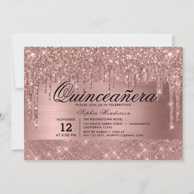 Quinceañera ro Guld Glitter Drips Inbjudningar (Framsida)