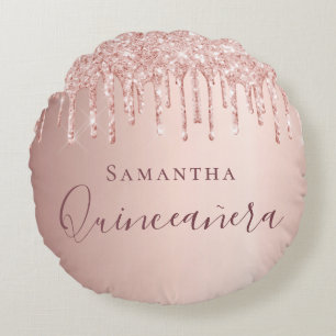 Quinceanera ro guld glitter droppar monogram rund kudde