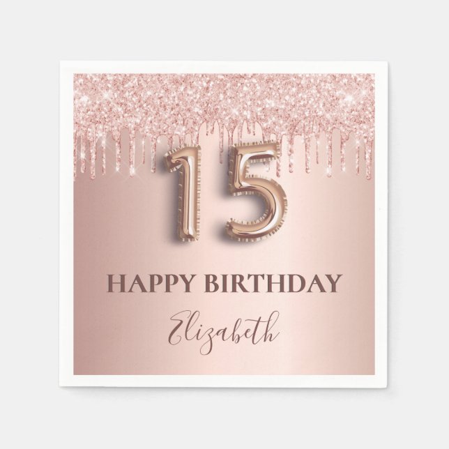 Quinceanera ro guld  glitter droppar namn pappersservett (Framsidan)