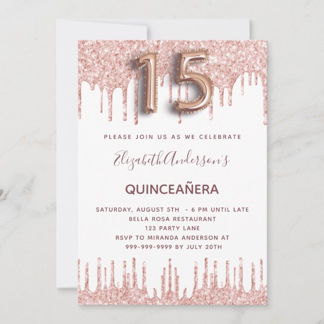 Quinceanera ro guld glitter droppar rosa inbjudningar (Framsida)
