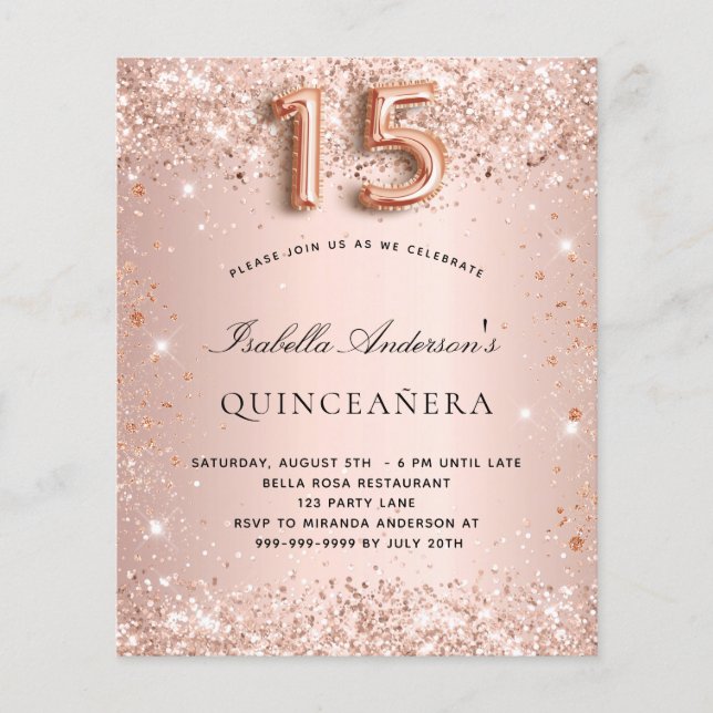Quinceanera ro guld  glitter flygblad (Framsidan)