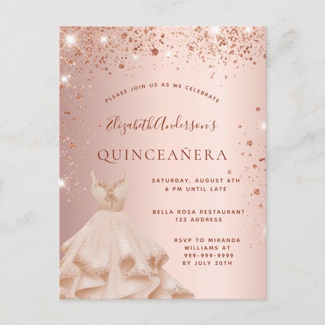 Quinceanera ro guld glitter gnistra inbjudan vykort (Framsida)