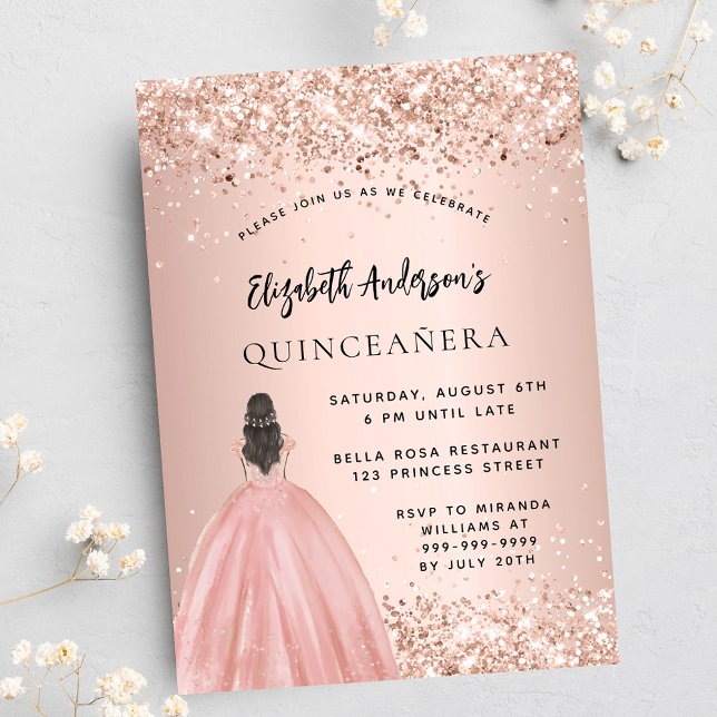 Quinceanera ro guld glitter klänningslyx inbjudningar (Skapare uppladdad)