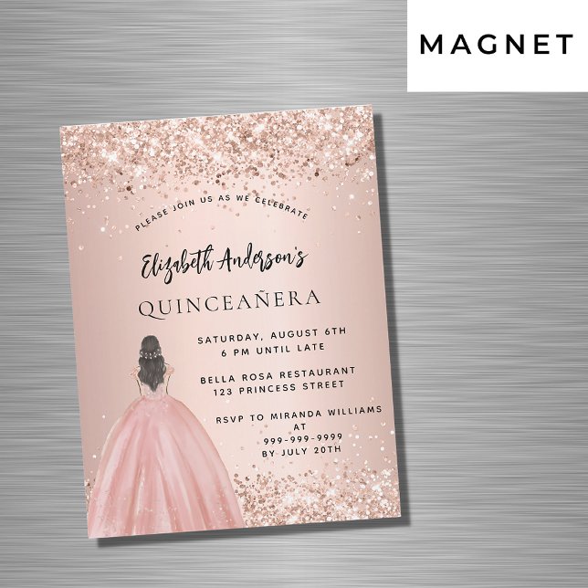 Quinceanera ro guld glitter klänningslyx magnetisk inbjudningskort (Skapare uppladdad)