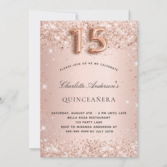Quinceanera ro guld  glitter stoxi inbjudningar (Framsida)