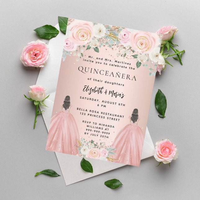 Quinceanera ro guld klänar blommigt 2-twillingar inbjudningar (Skapare uppladdad)