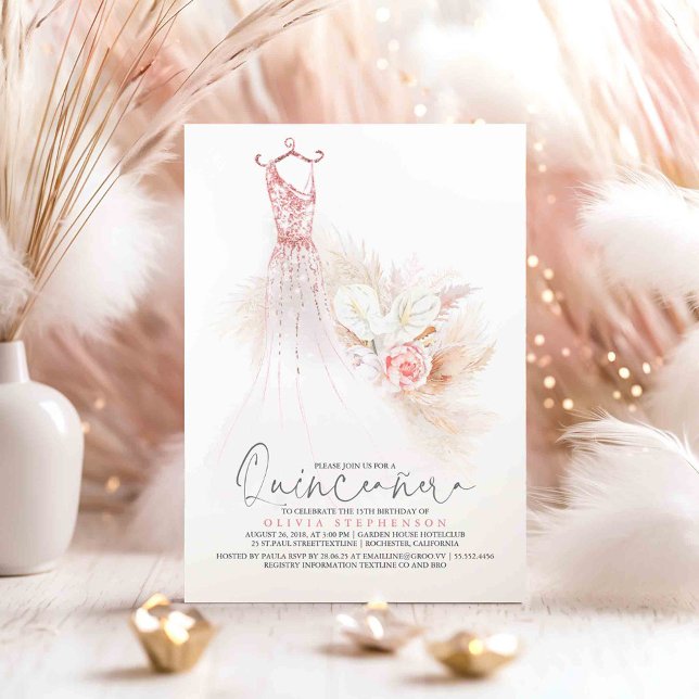 Quinceañera Ro Guld Pampas Grass 15:e födelsedagen Inbjudningar (Pink Gold Glitter Dress Quinceanera 15th Birthday Invitations)