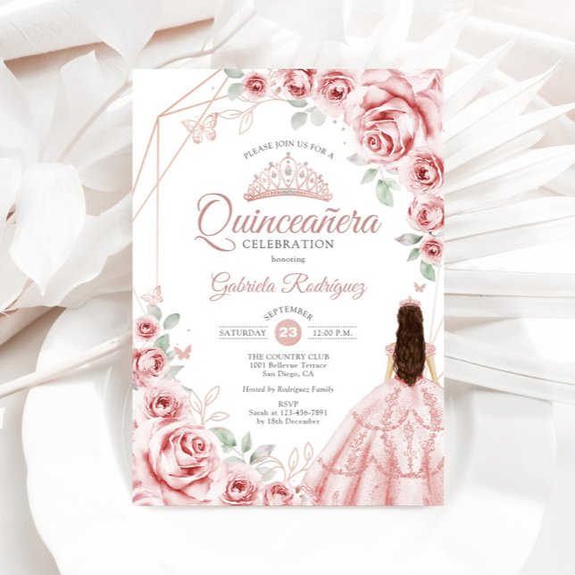 Quinceanera Ro Guld Rosa Blommigt Dress Inbjudningar (Skapare uppladdad)