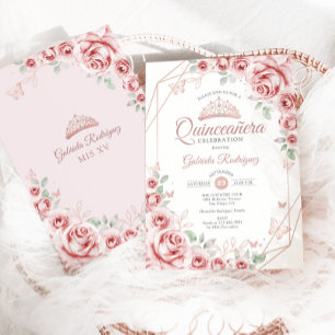 Quinceanera Ro Guld Rosa Blommigt Inbjudningar