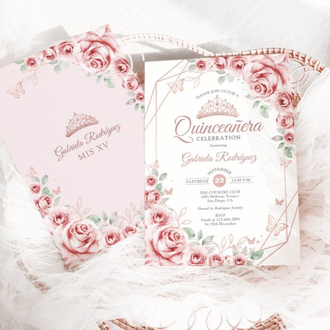 Quinceanera Ro Guld Rosa Blommigt Inbjudningar (Skapare uppladdad)