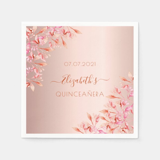 Quinceanera ro guld rosa blommigtar botaniska  pappersservett (Framsidan)
