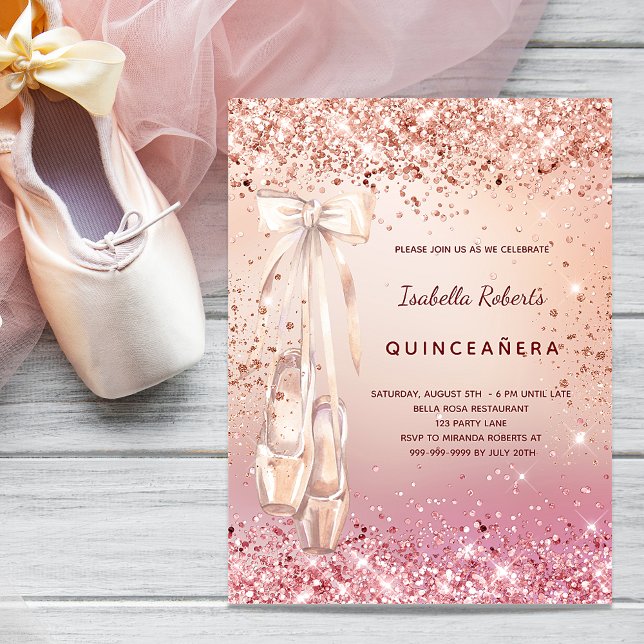 Quinceanera ro guld rosa glitter inbjudan vykort (Skapare uppladdad)