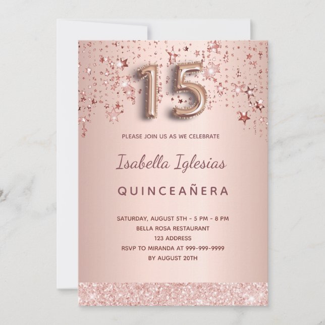 Quinceanera ro guld rosa stjärnor inbjudningar (Framsida)
