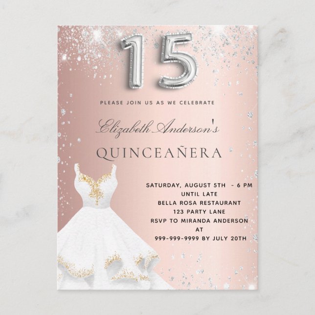 Quinceanera ro guld silver klär glitter damm inbjudan vykort (Framsida)