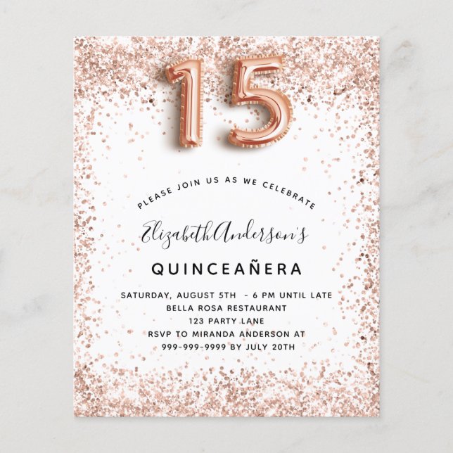 Quinceanera ro guld, vit budgetinbjudan flygblad (Framsidan)